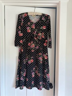 Mimi & Daphne Black Floral & Polka Dot Midi Dress long sleeve med soft stretchy